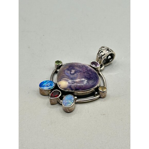 Multi Stone Pendant Sterling Silver 925 Purple Stone Opal and Garnet Handmade - Picture 4 of 6